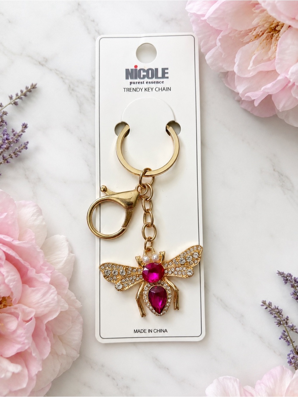 Nicole Gold Bee Keychain with Fuchsia Crystal Accents
